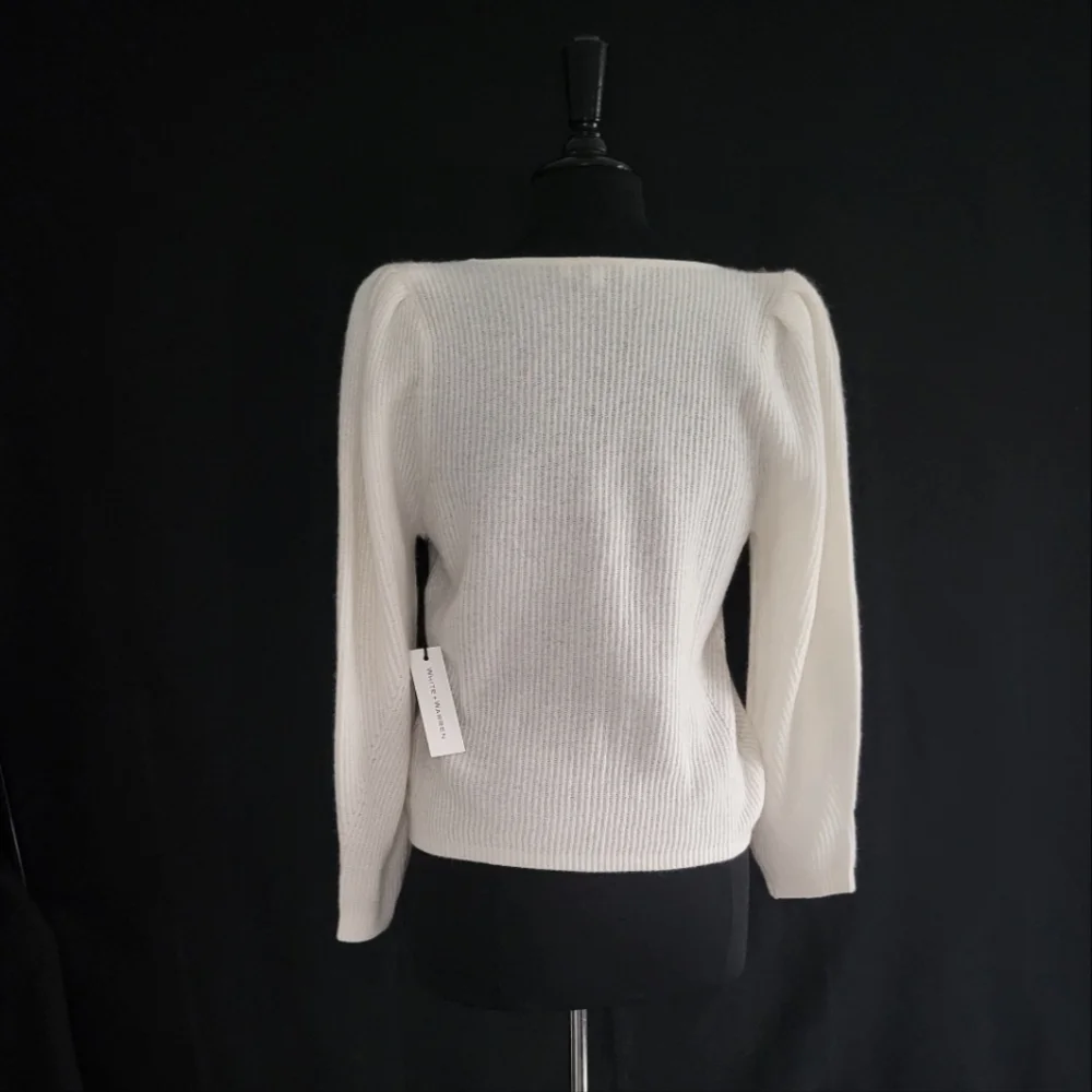White + Warren Cashmere Soft White Square Neck Puff Sleeve Pullover NWT - Picture 2 of 5